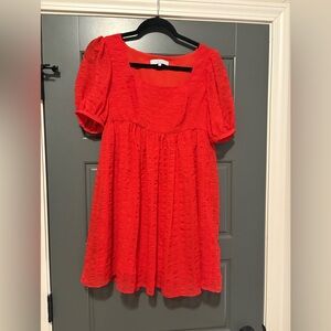 L’Academie Rene Textured Puff Sleeve Mini Dress Red